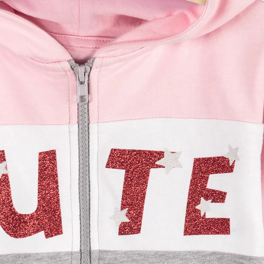 5.10.15 Glitter Cute Pink Color Block Zipper Hoodie 13475