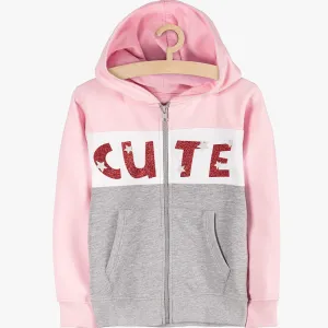 5.10.15 Glitter Cute Pink Color Block Zipper Hoodie 13475