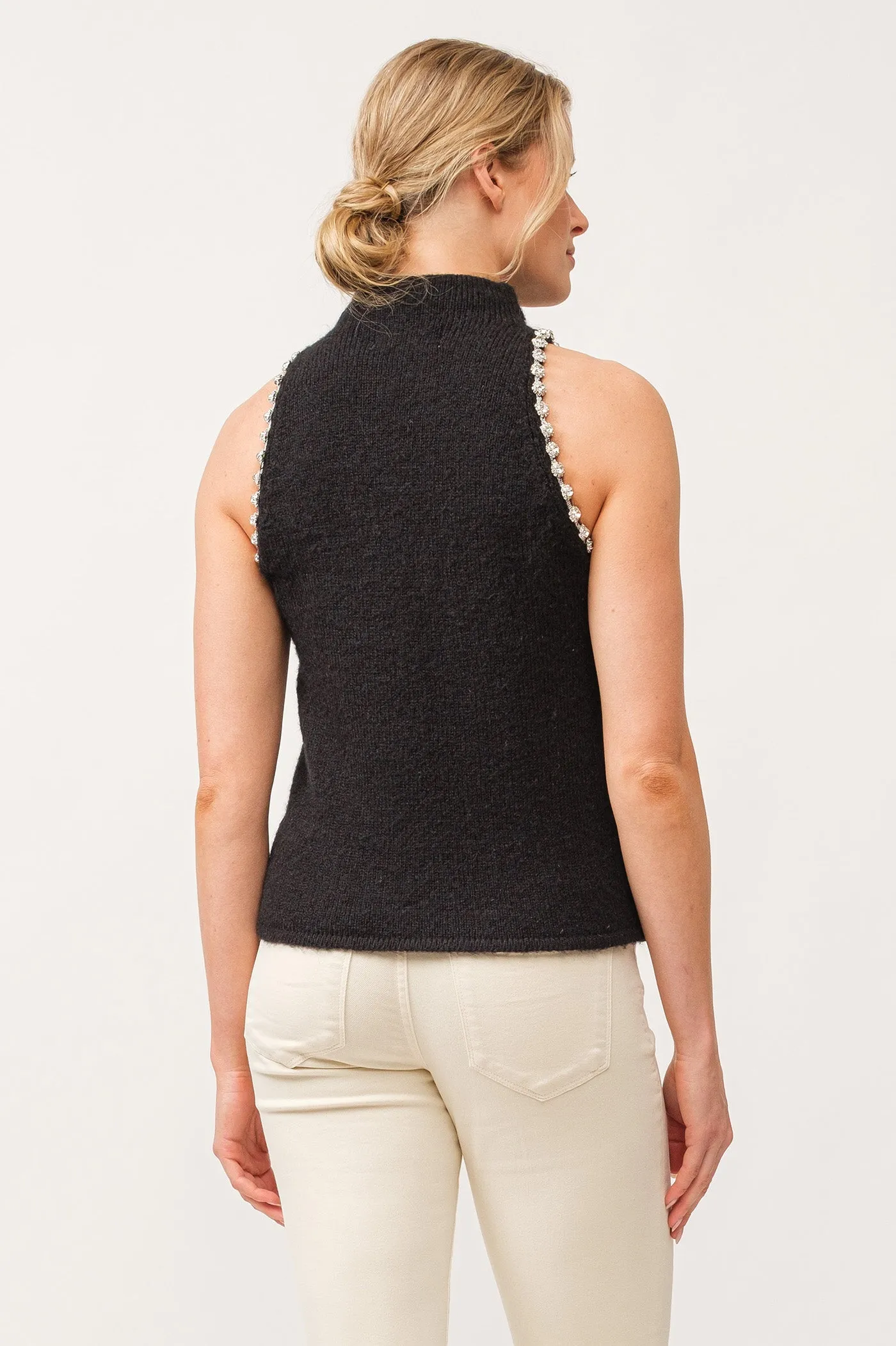 ALVA MOCKNECK JEWELED ARMHOLE HALTER SWEATER BLACK