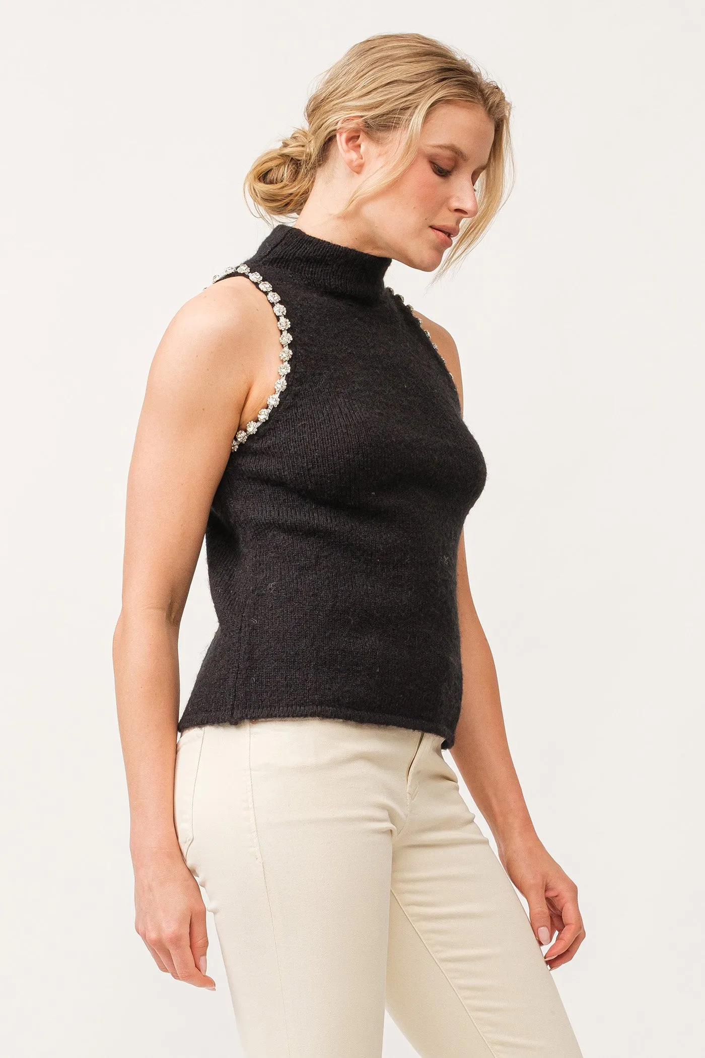 ALVA MOCKNECK JEWELED ARMHOLE HALTER SWEATER BLACK