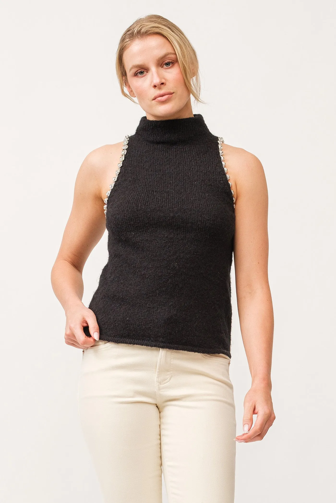 ALVA MOCKNECK JEWELED ARMHOLE HALTER SWEATER BLACK