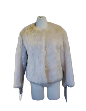 Beige Fur Coat with Leather Fringe Sleeves and Snap Closure