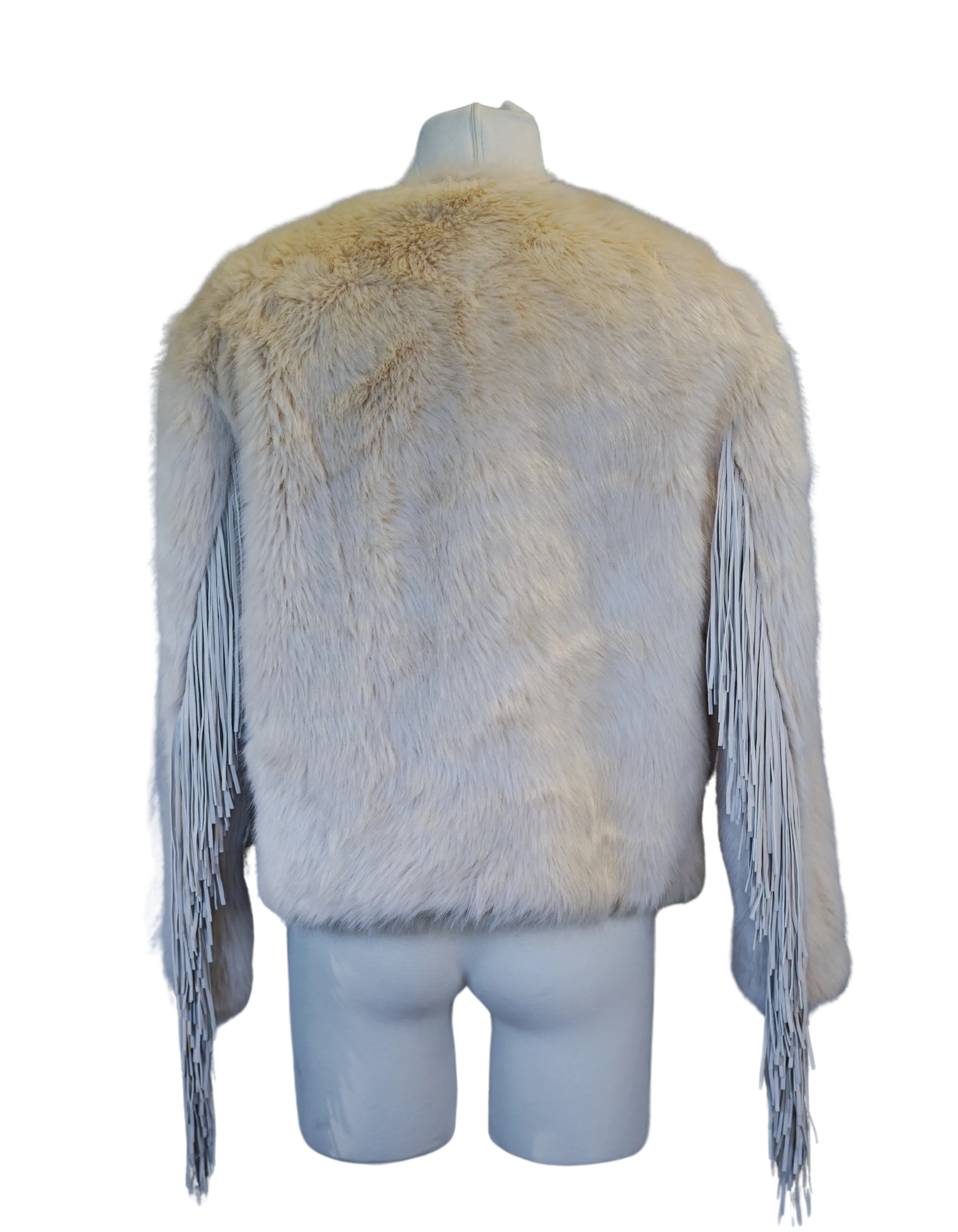 Beige Fur Coat with Leather Fringe Sleeves and Snap Closure