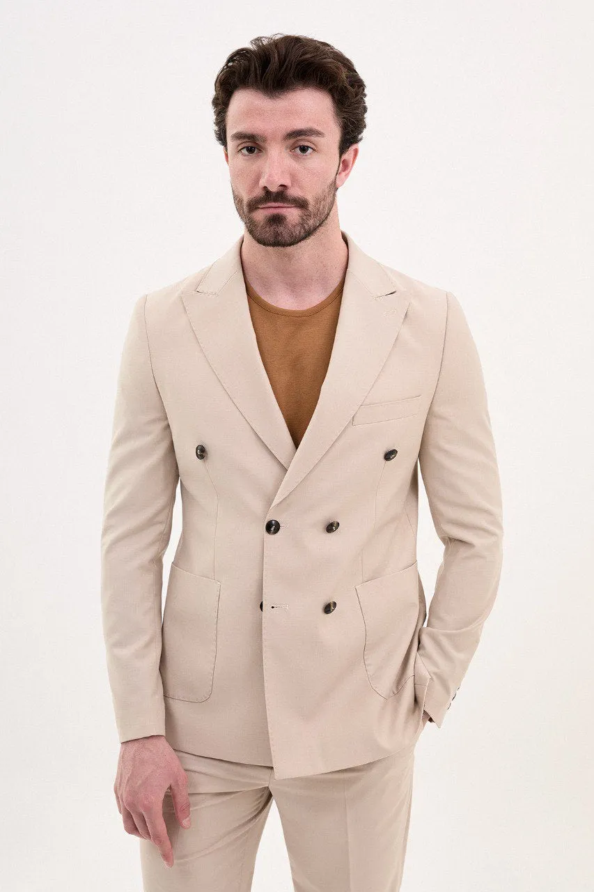 Bojoni Trivento Beige Double Breasted  Classic Slim Fit Suit