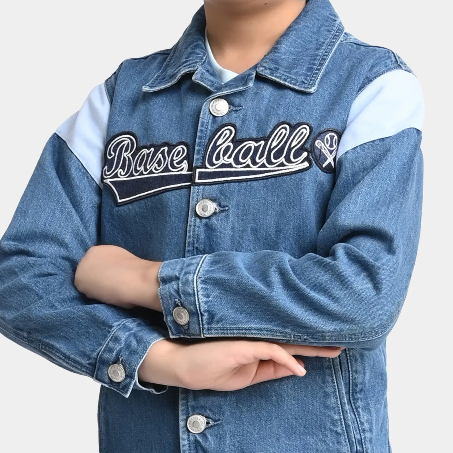 Boys Denim Rigid Jacket BaseBall-Mid Blue