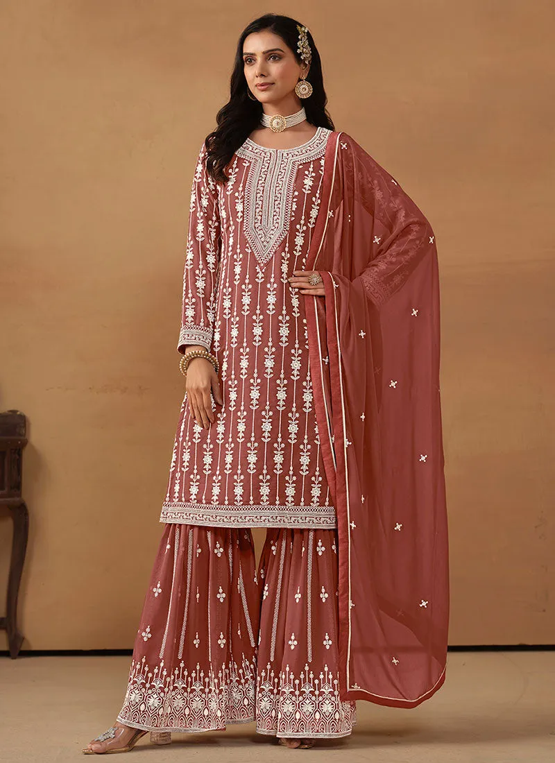 Burnt Orange Embroidery Designer Gharara Suit