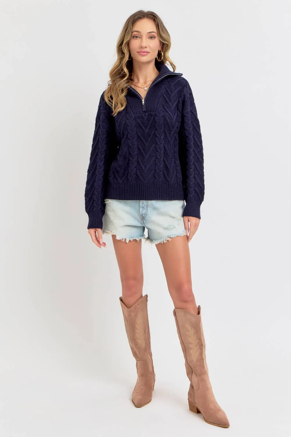 CABLE KNIT ZIPPER FRONT SWEATER: NAVY / Contemporary / L