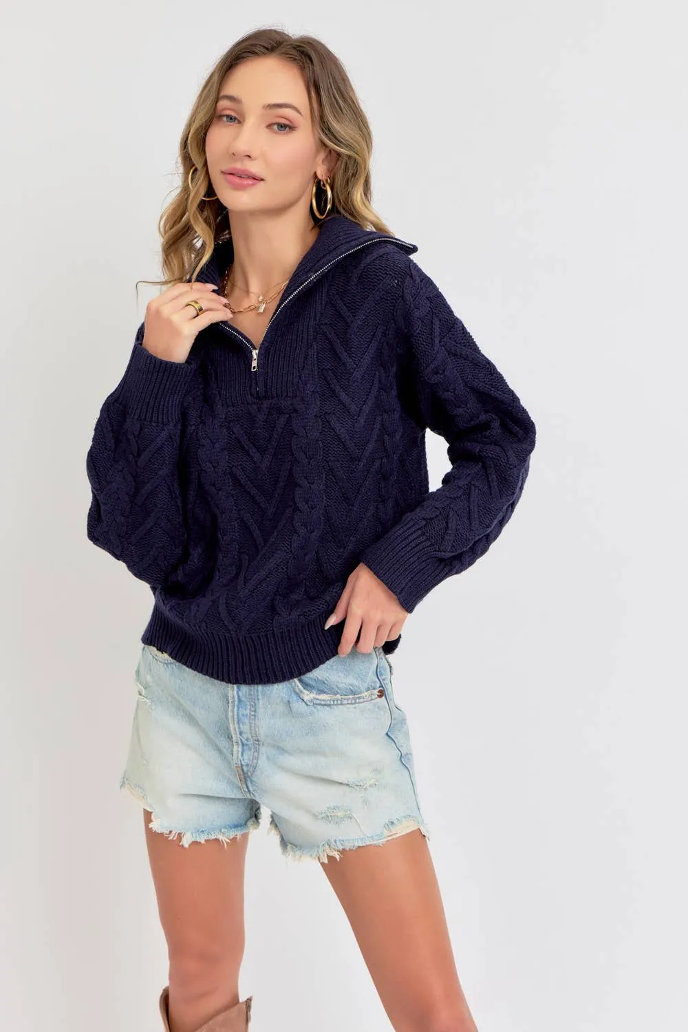 CABLE KNIT ZIPPER FRONT SWEATER: NAVY / Contemporary / L