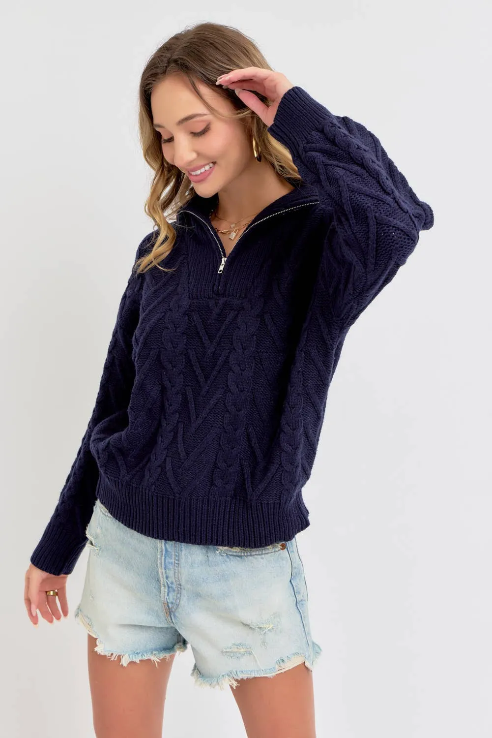 CABLE KNIT ZIPPER FRONT SWEATER: NAVY / Contemporary / L