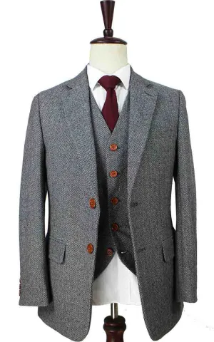 CLASSIC GREY HERRINGBONE TWEED 3 PIECE SUIT