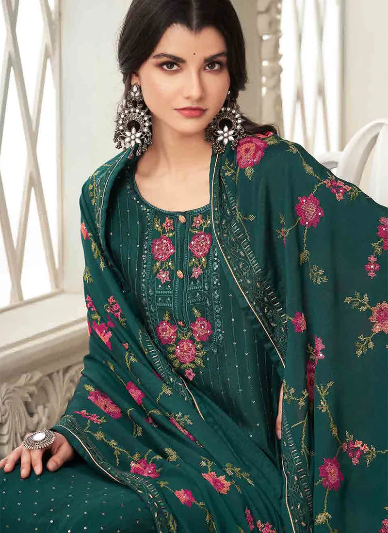 Dark Green Floral Embroidery Traditional Salwar Kameez