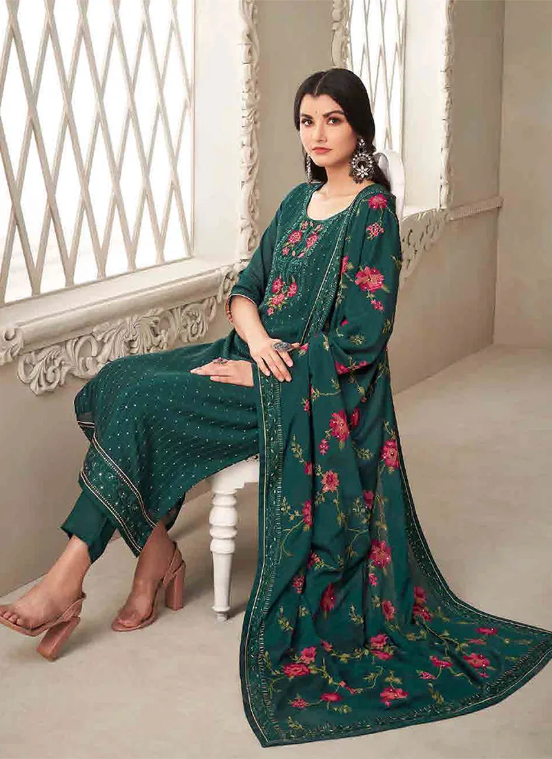 Dark Green Floral Embroidery Traditional Salwar Kameez