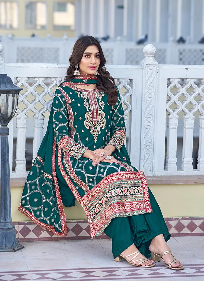 Dark Green Multi Thread Embroidery Palazzo Style Suit