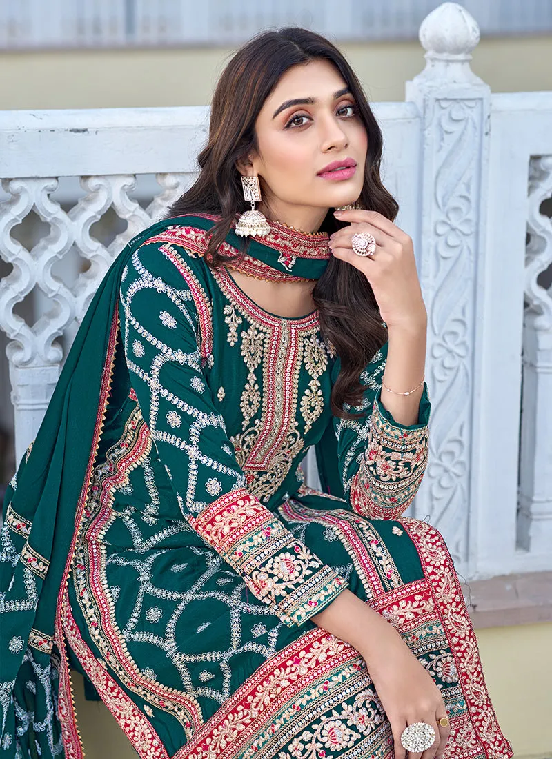 Dark Green Multi Thread Embroidery Palazzo Style Suit