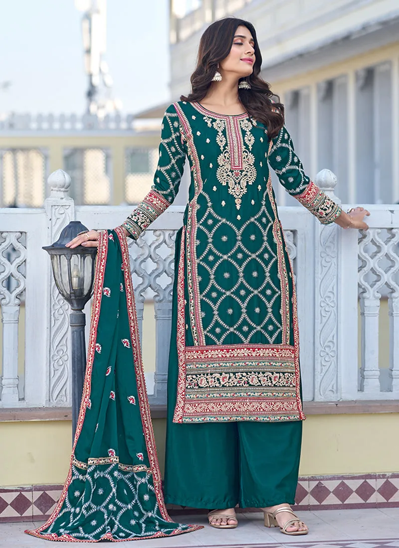 Dark Green Multi Thread Embroidery Palazzo Style Suit