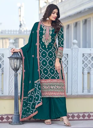 Dark Green Multi Thread Embroidery Palazzo Style Suit