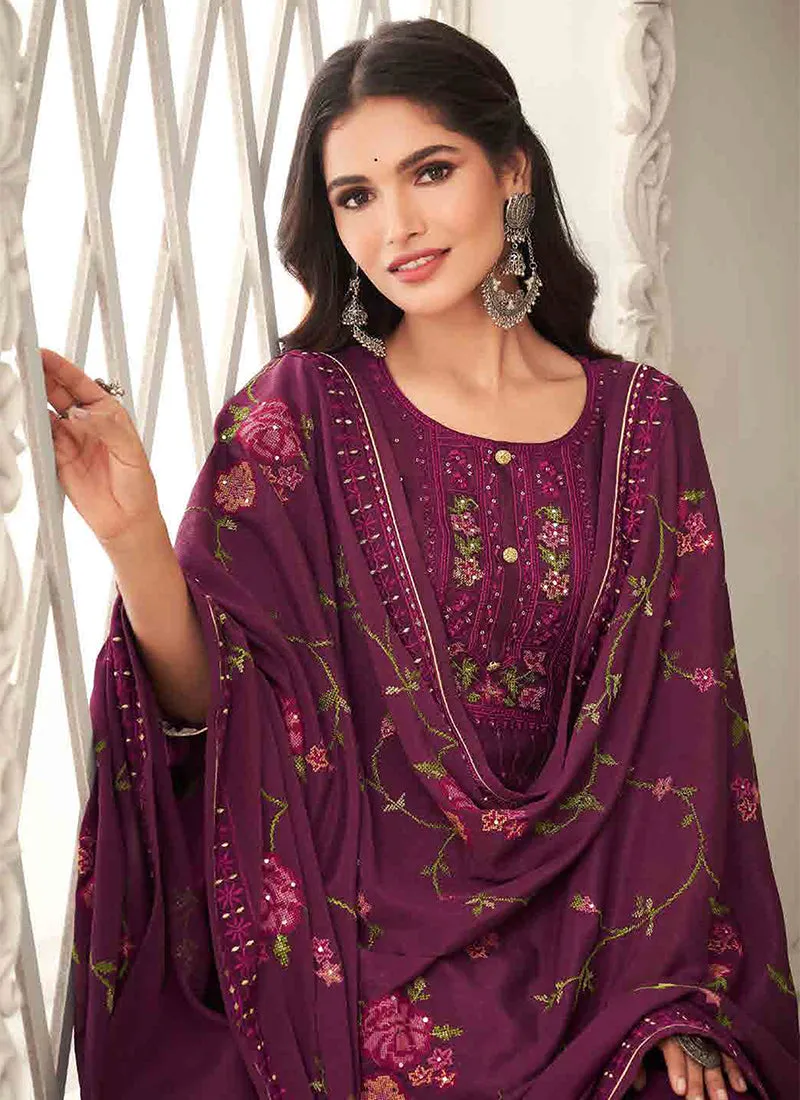 Dark Purple Floral Embroidery Traditional Salwar Kameez