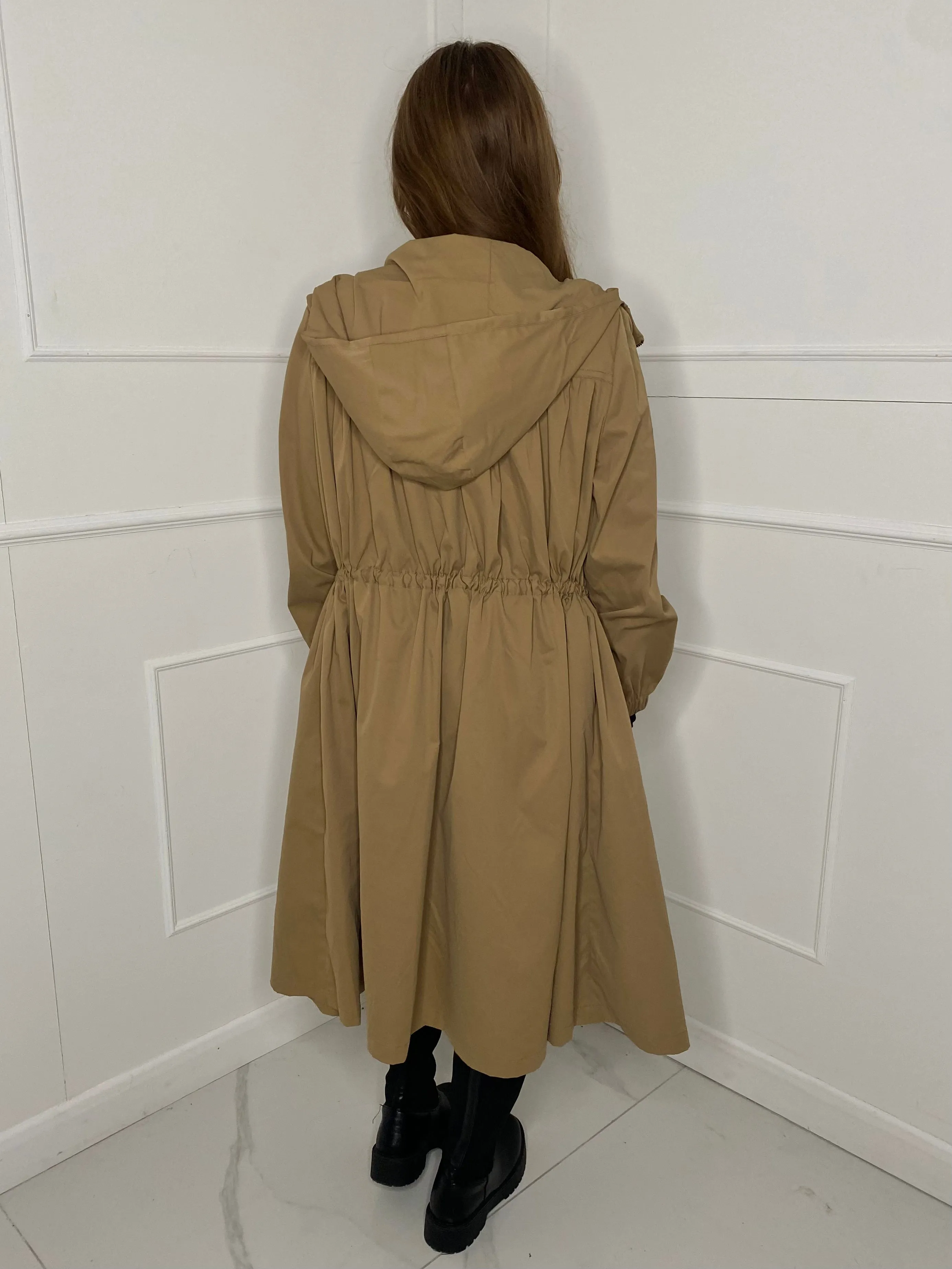 Drawstring Detail Hooded Trench Coat - Tan