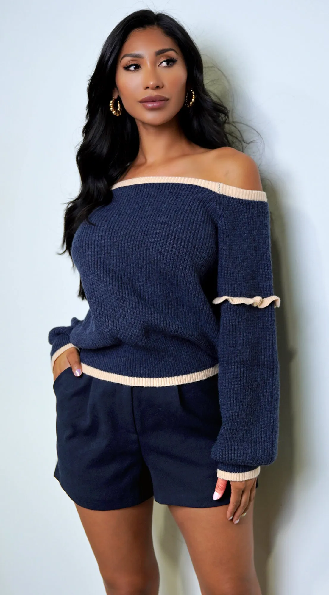 Frankfurt Off Shoulder Sweater Top - Blue