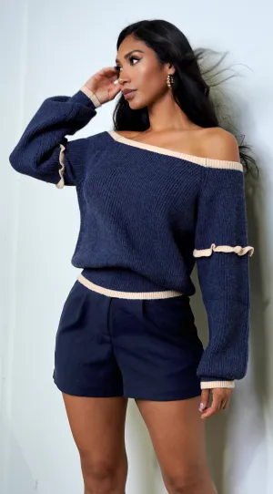 Frankfurt Off Shoulder Sweater Top - Blue