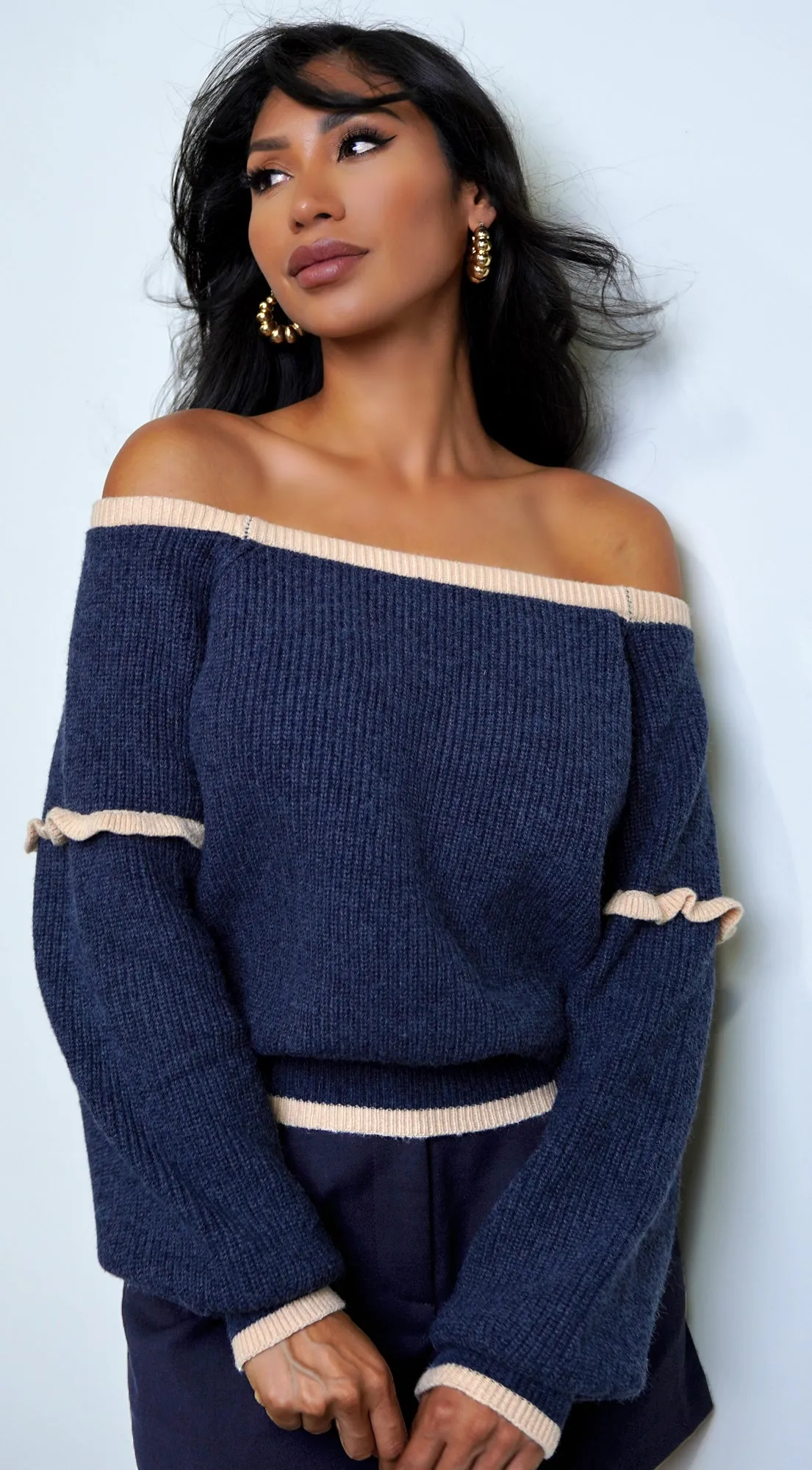 Frankfurt Off Shoulder Sweater Top - Blue