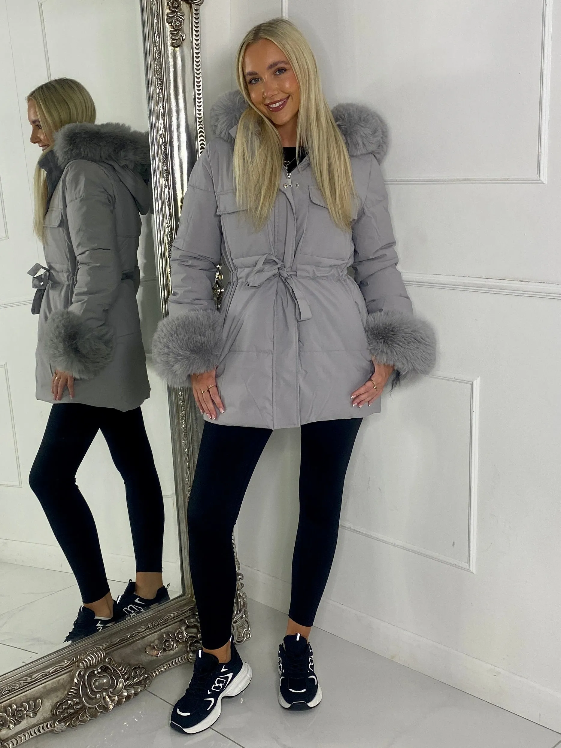 Fur hood trim Detail Longline Jacket - Grey