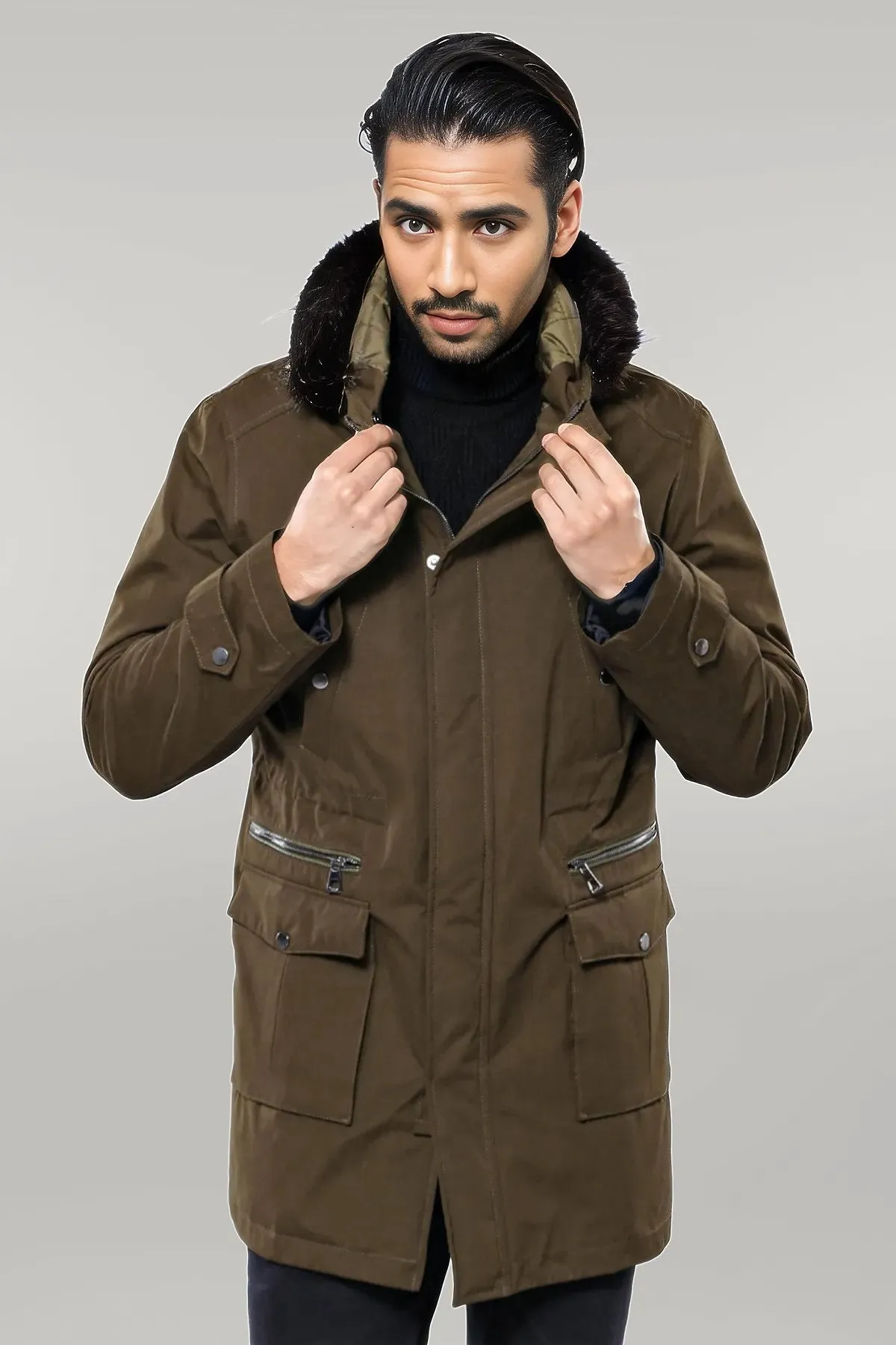 Fur Hooded Parka Khaki Men Coat - Wessi