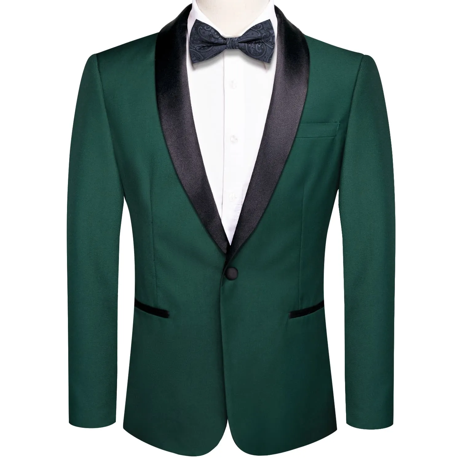 Hi-Tie Black Shawl Collar Green Solid Blazer with Bowtie Men's Suit Set