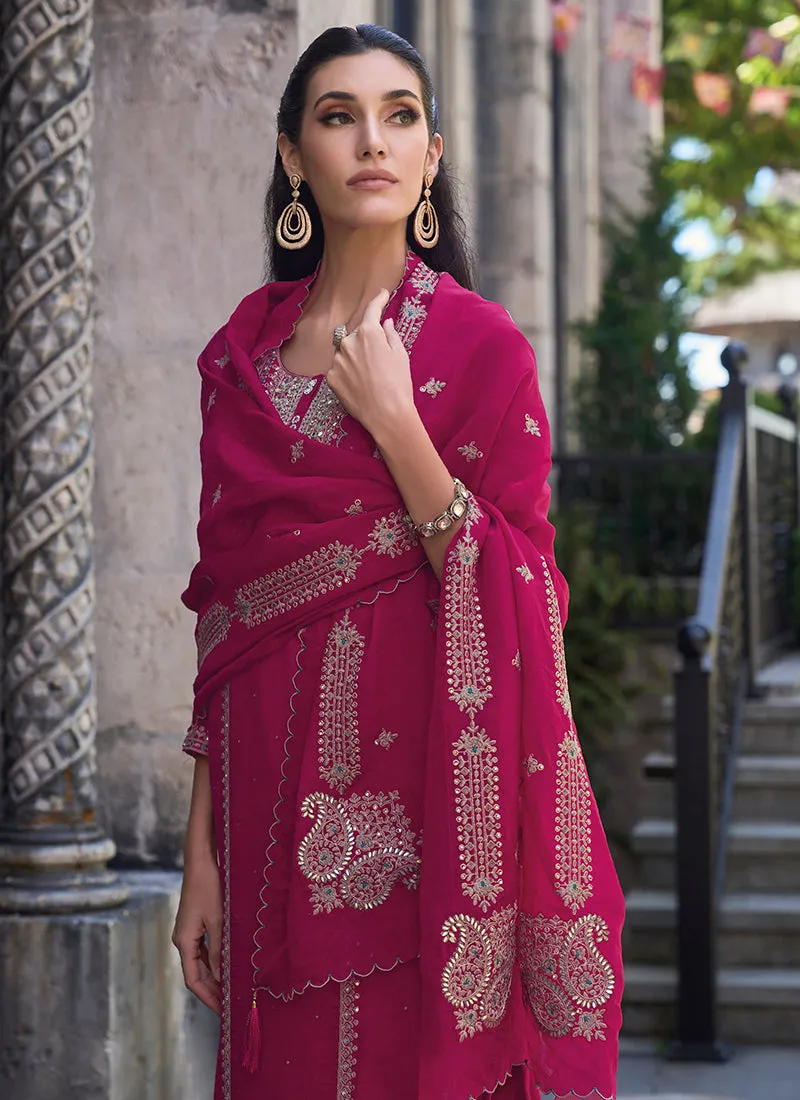 Hot Pink Multi Embroidered Pakistani Pant Style Suit