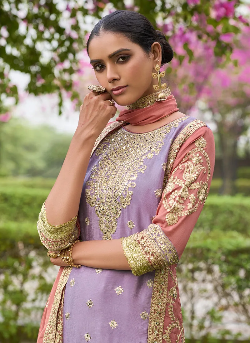 Lavender And Peach Mirror Work Embroidery Palazzo Suit