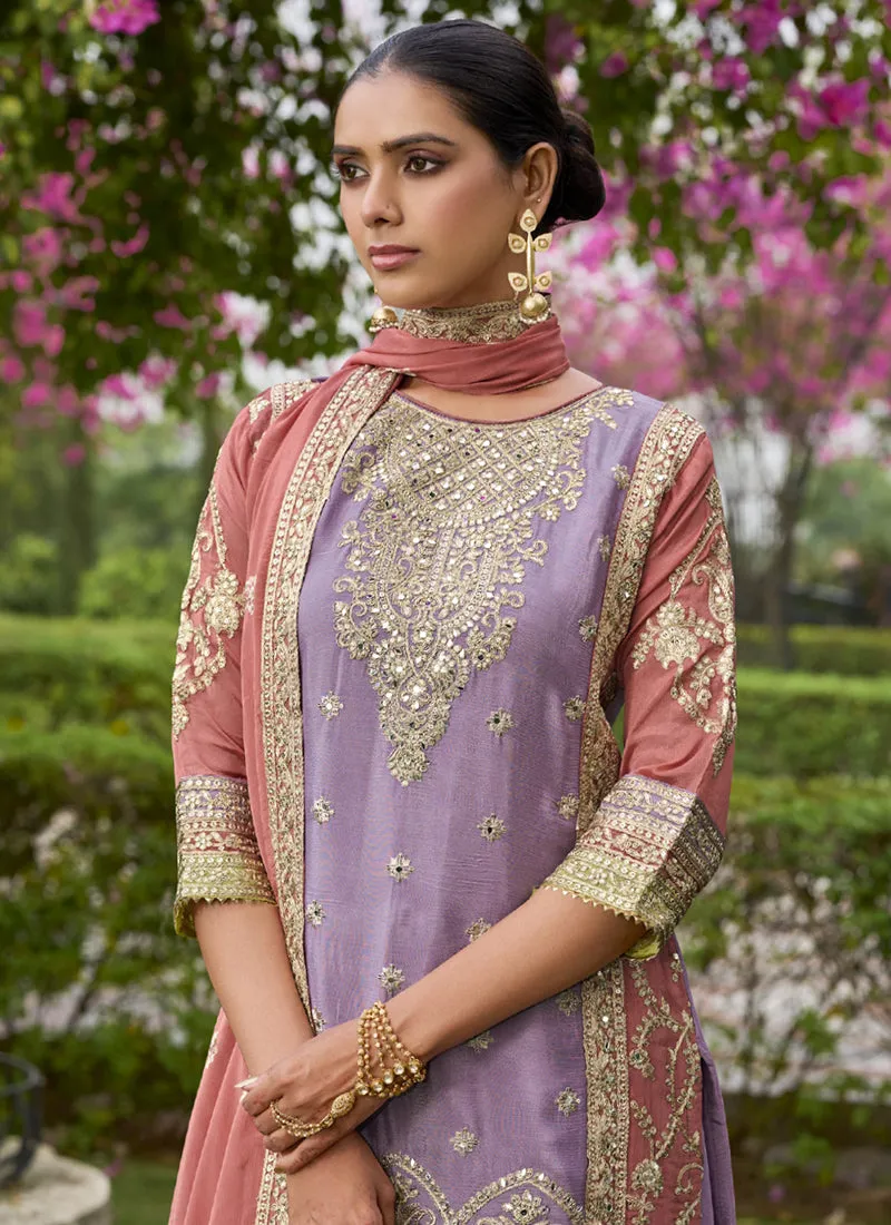 Lavender And Peach Mirror Work Embroidery Palazzo Suit