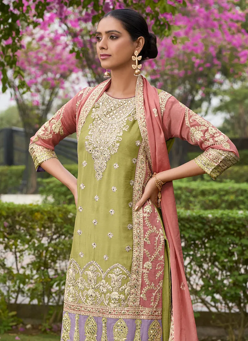 Lime Green And Peach Mirror Work Embroidery Palazzo Suit