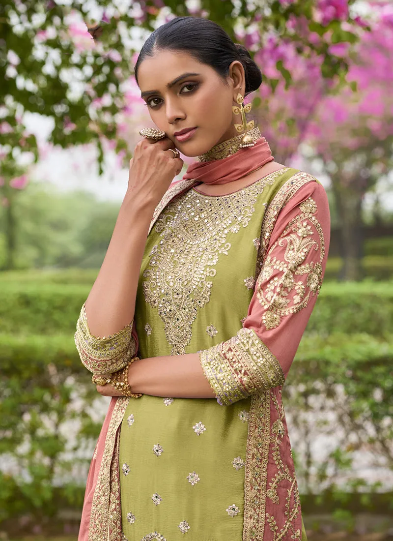 Lime Green And Peach Mirror Work Embroidery Palazzo Suit