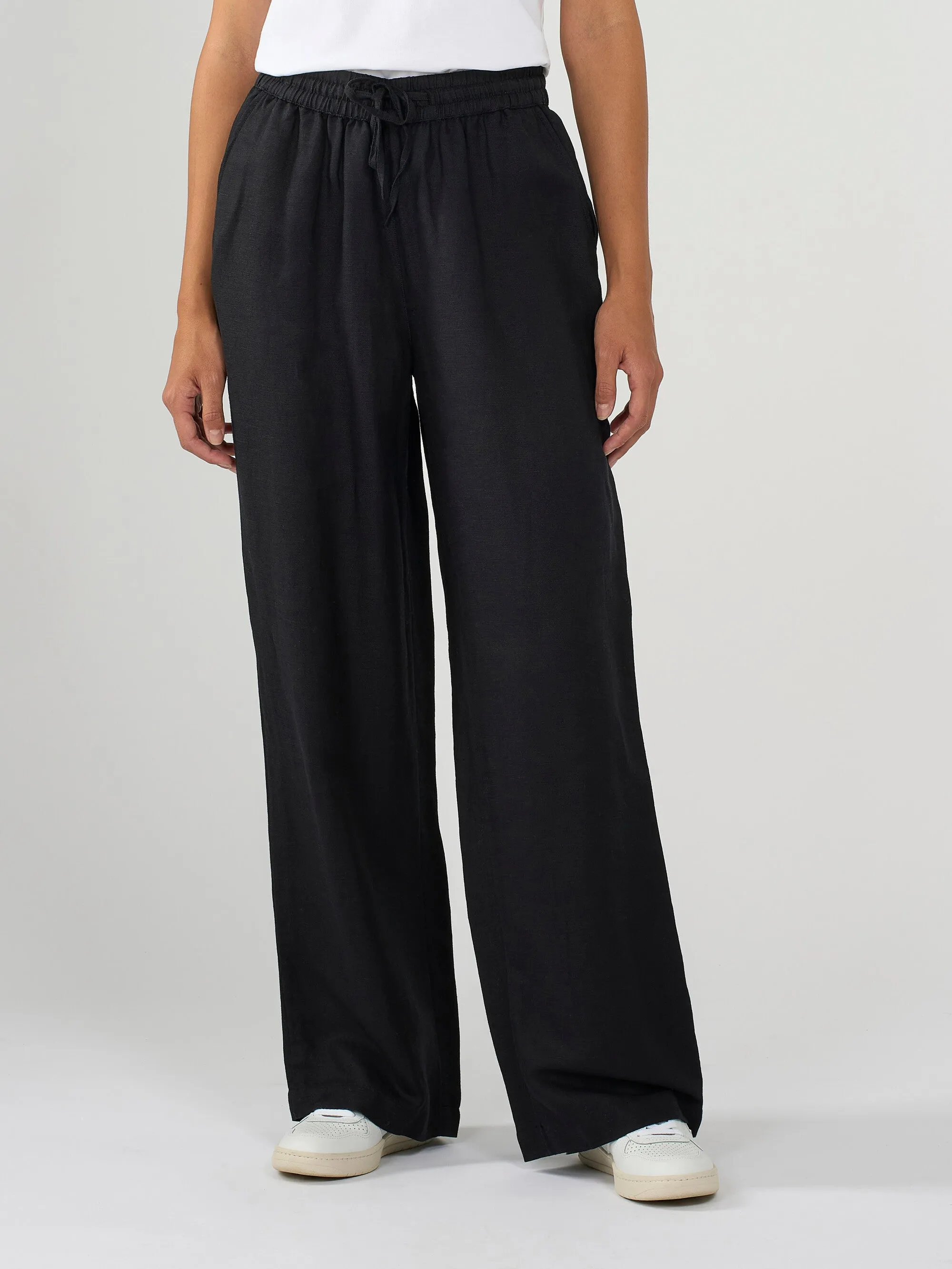 Linen Mix Elastic Waist Pants - Black Jet