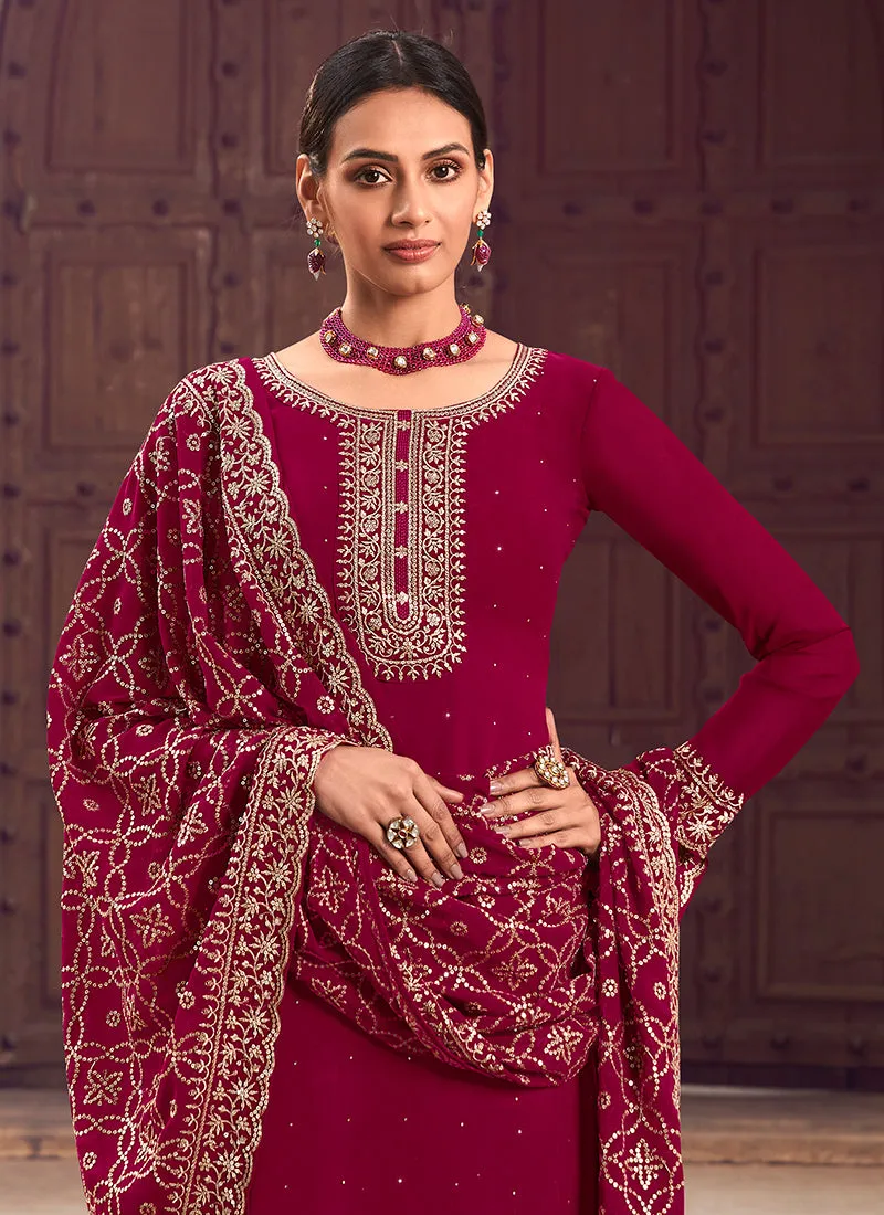 Magenta Sequence Embroidery Festive Pant Style Suit