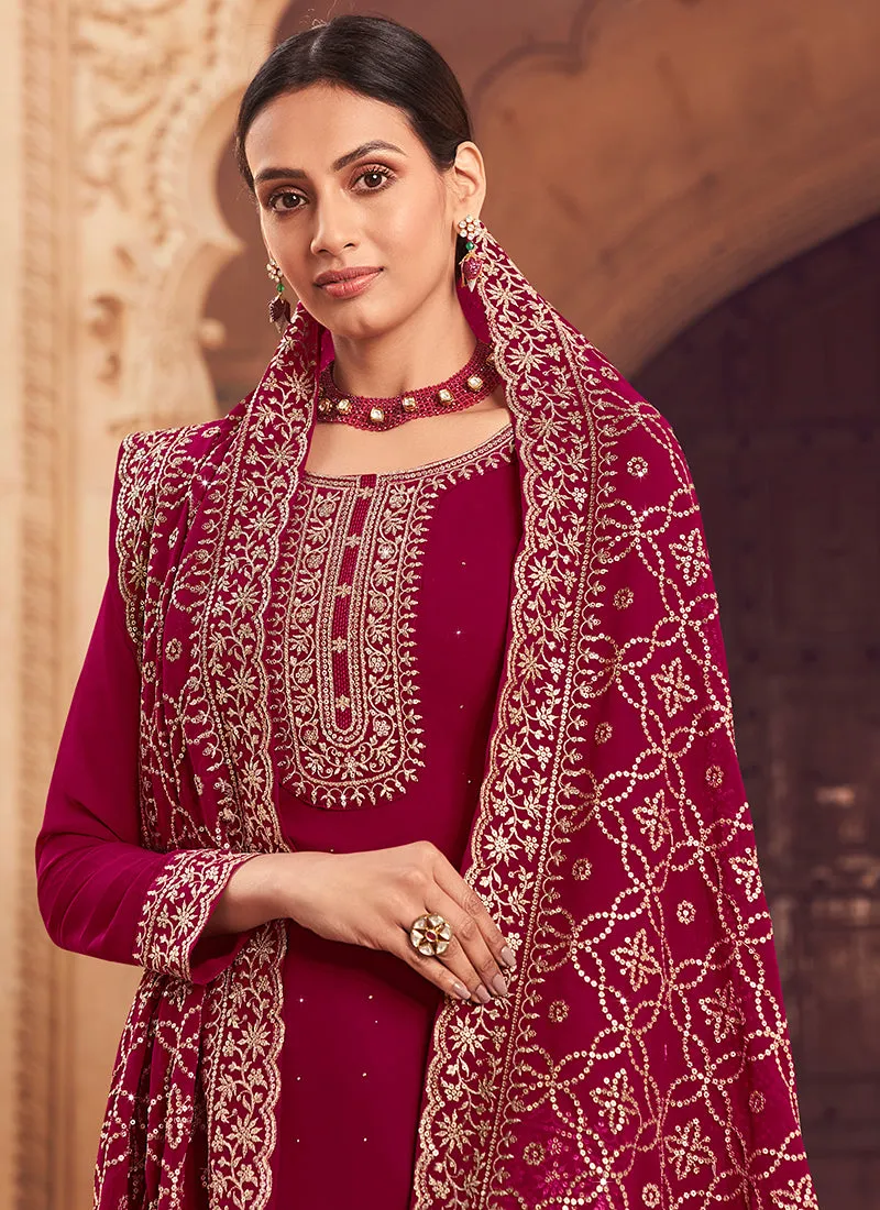 Magenta Sequence Embroidery Festive Pant Style Suit