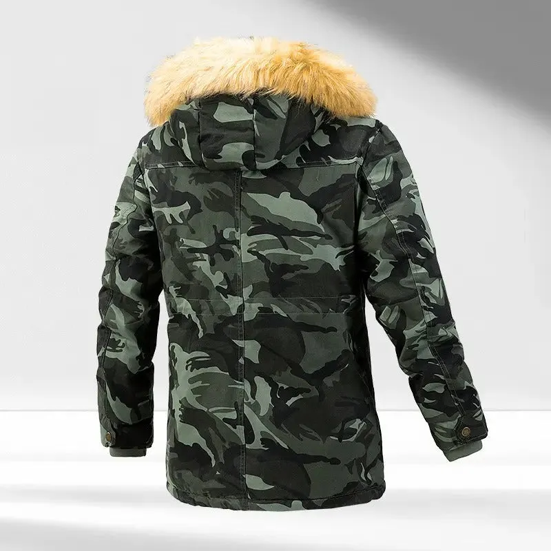 Men's Versatile Camouflage Fleece-Lined Military Jacket with Fur Hood & Multi Pockets