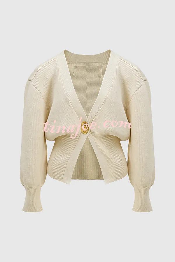 Only Yours Knit Metal Leaf Shape Button Lantern Sleeve Relaxed Cardigan