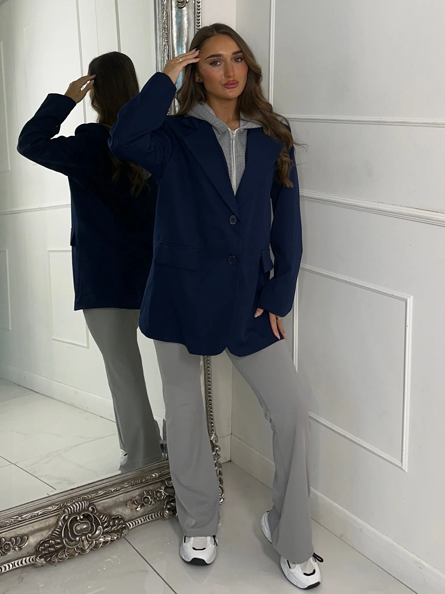 Oversized Blazer With Grey Attached Hood - Navy