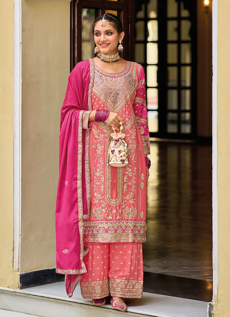 Pink Multi Embroidery Traditional Palazzo Suit