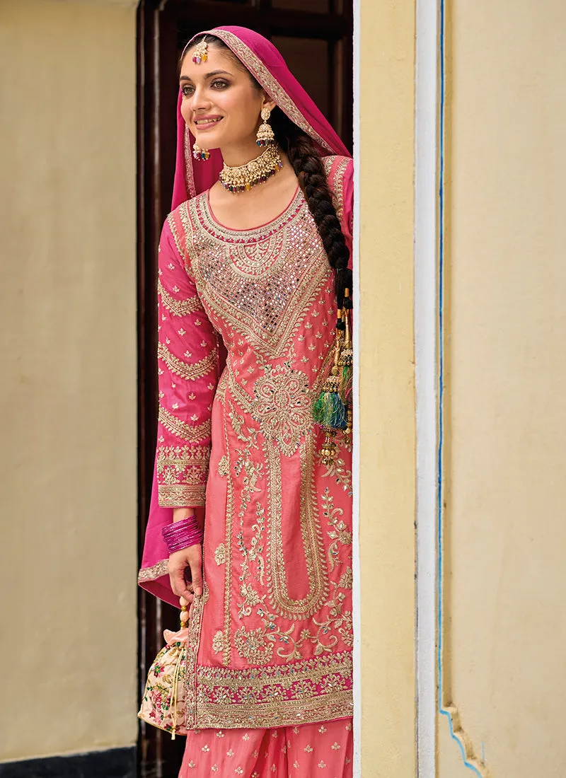 Pink Multi Embroidery Traditional Palazzo Suit