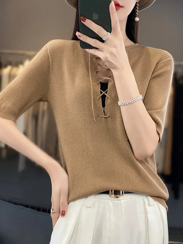 Spring Summer Women 100% Wool Elastic Flexible Sweater Round Collar Half Sleeve Drawstring Design Knit Pullover Bottoming Tops