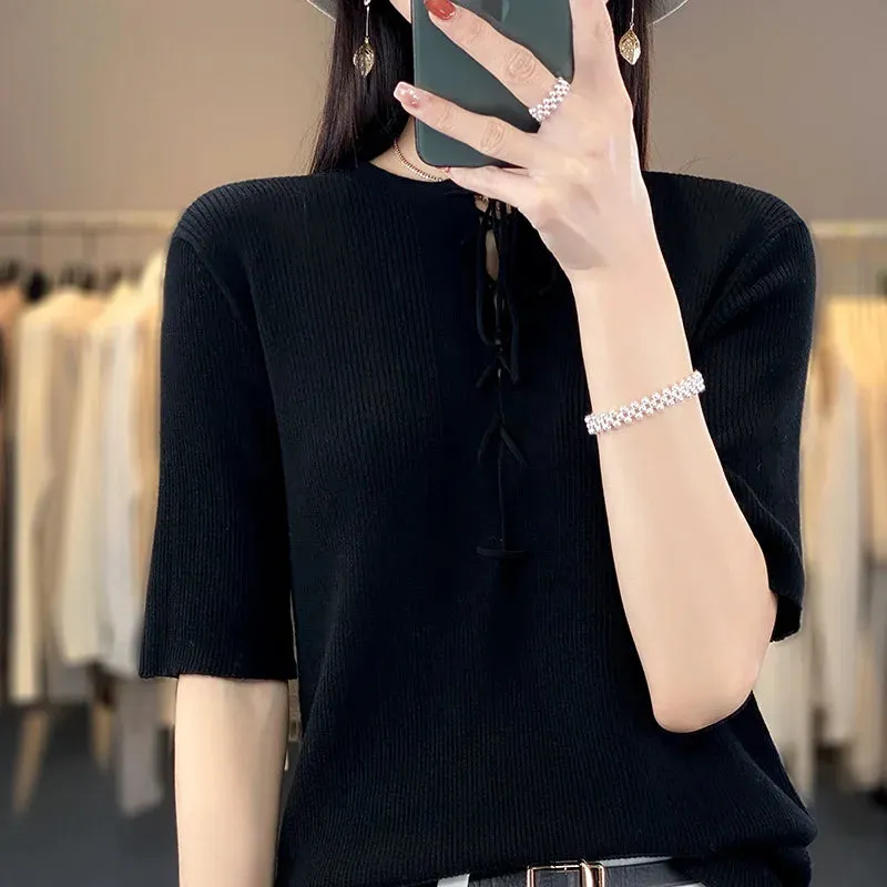 Spring Summer Women 100% Wool Elastic Flexible Sweater Round Collar Half Sleeve Drawstring Design Knit Pullover Bottoming Tops