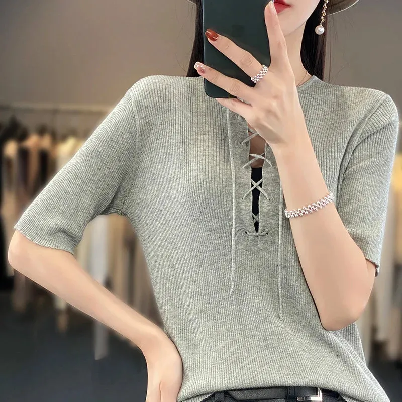 Spring Summer Women 100% Wool Elastic Flexible Sweater Round Collar Half Sleeve Drawstring Design Knit Pullover Bottoming Tops