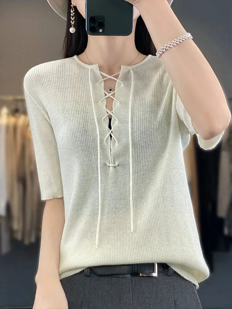 Spring Summer Women 100% Wool Elastic Flexible Sweater Round Collar Half Sleeve Drawstring Design Knit Pullover Bottoming Tops