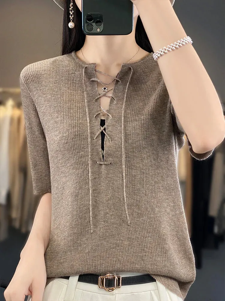 Spring Summer Women 100% Wool Elastic Flexible Sweater Round Collar Half Sleeve Drawstring Design Knit Pullover Bottoming Tops