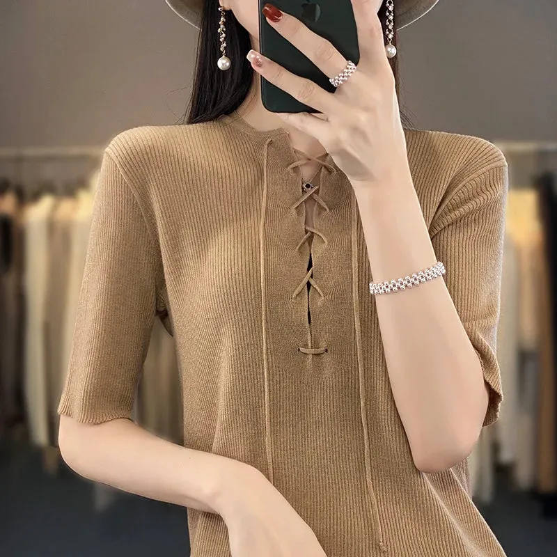 Spring Summer Women 100% Wool Elastic Flexible Sweater Round Collar Half Sleeve Drawstring Design Knit Pullover Bottoming Tops