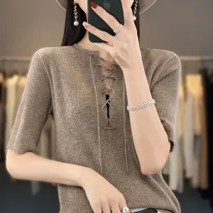 Spring Summer Women 100% Wool Elastic Flexible Sweater Round Collar Half Sleeve Drawstring Design Knit Pullover Bottoming Tops