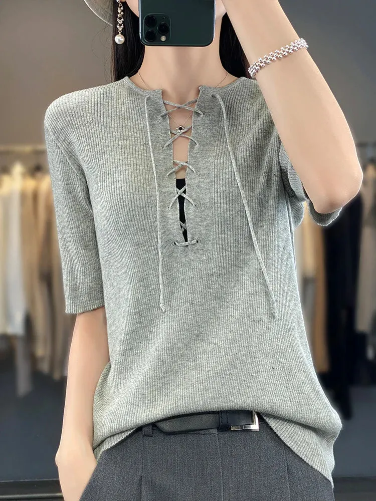 Spring Summer Women 100% Wool Elastic Flexible Sweater Round Collar Half Sleeve Drawstring Design Knit Pullover Bottoming Tops