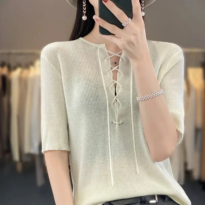 Spring Summer Women 100% Wool Elastic Flexible Sweater Round Collar Half Sleeve Drawstring Design Knit Pullover Bottoming Tops